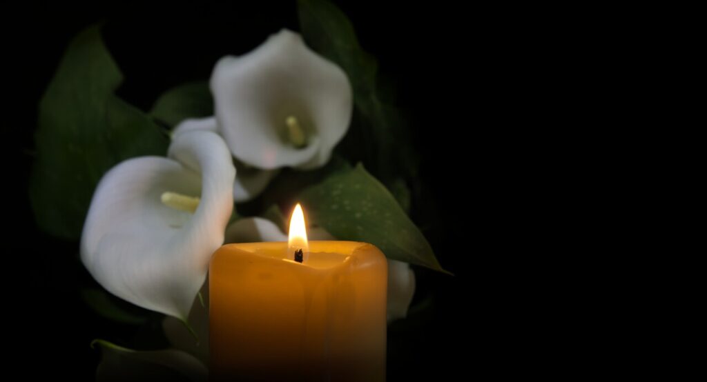 A lit candle surrounded by peaceful white flowers