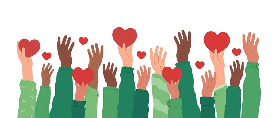 Cartoon hands reaching up to grab hearts